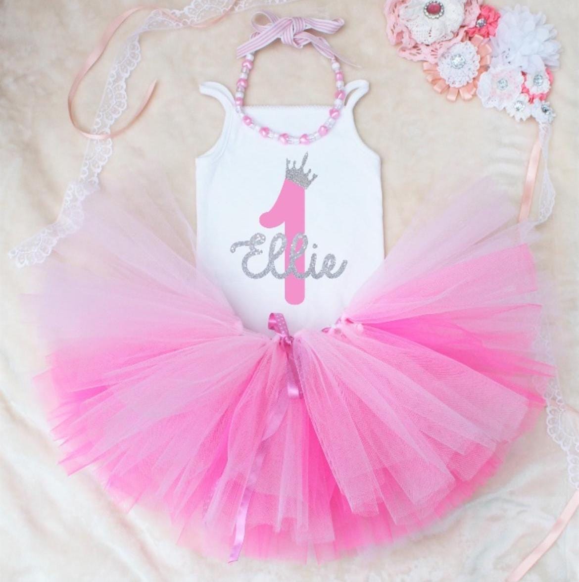 Personalised Girls 1st Birthday Tutu in Silver and Pink