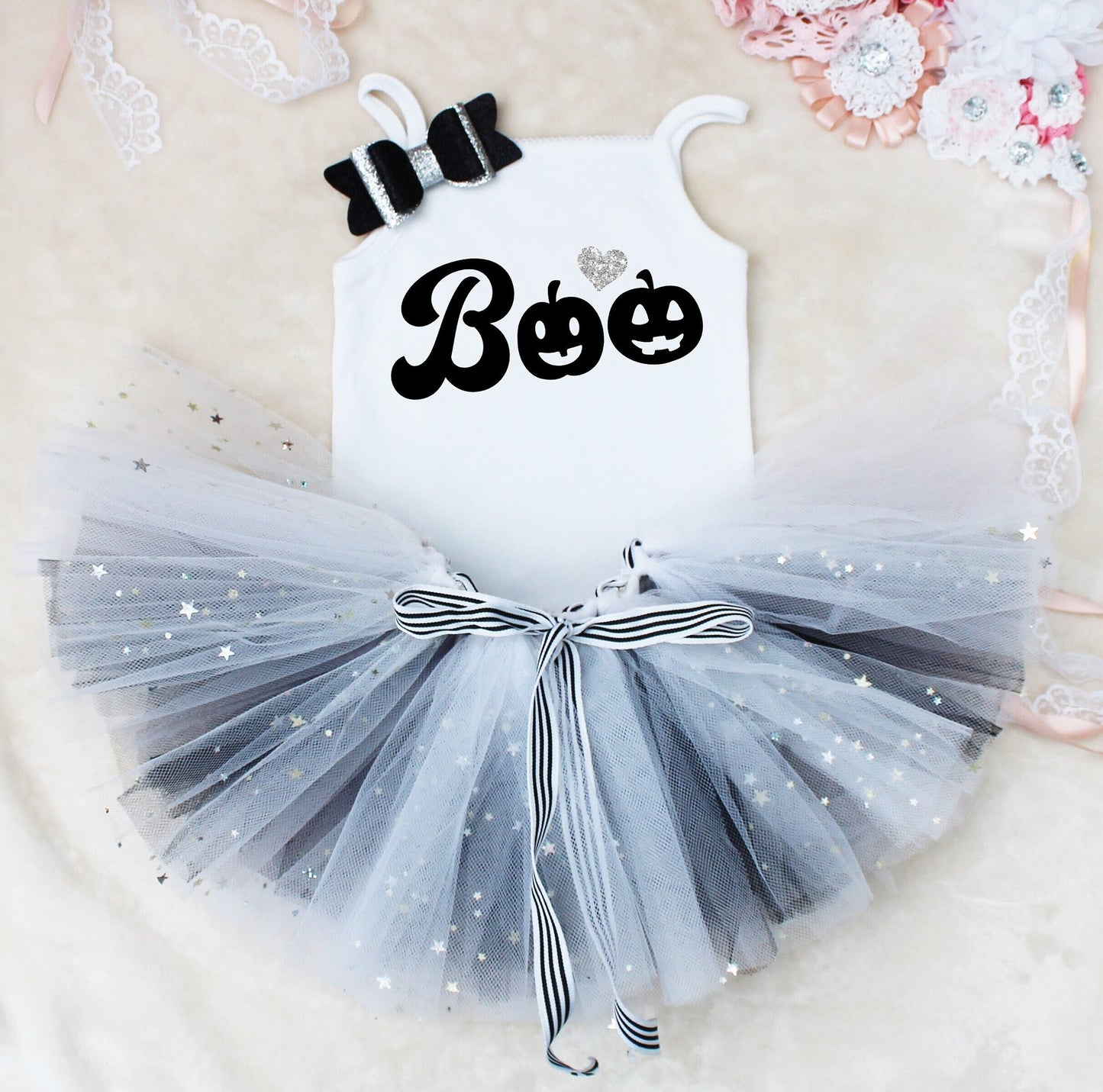 Girls Halloween Outfit with BOO Print