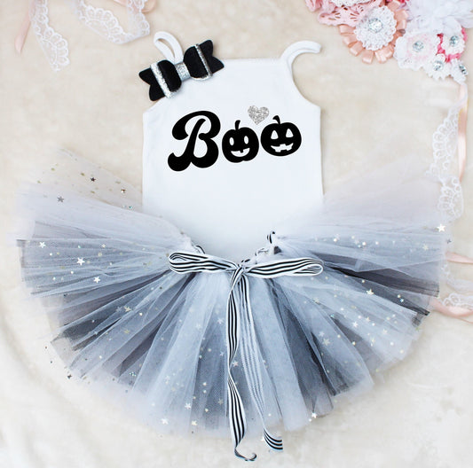 Girls Halloween Outfit with BOO Print