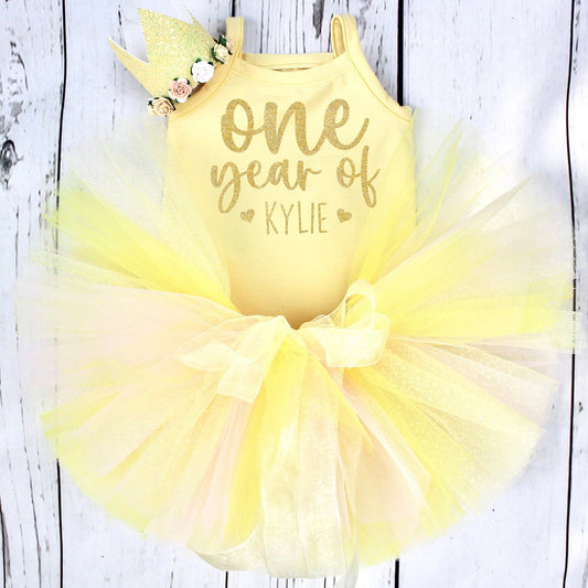 Yellow & Pink Pastel Girls 1st Birthday Outfit
