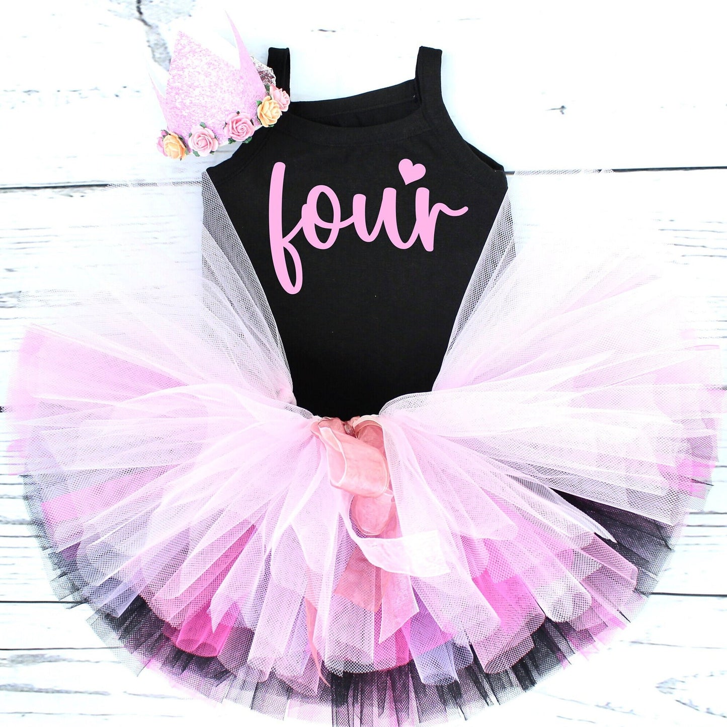 4th Birthday Tutu Outfit in Black & Pink