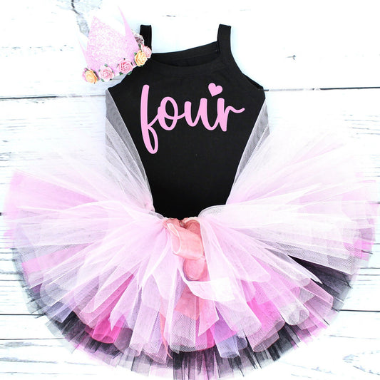 4th Birthday Tutu Outfit in Black & Pink