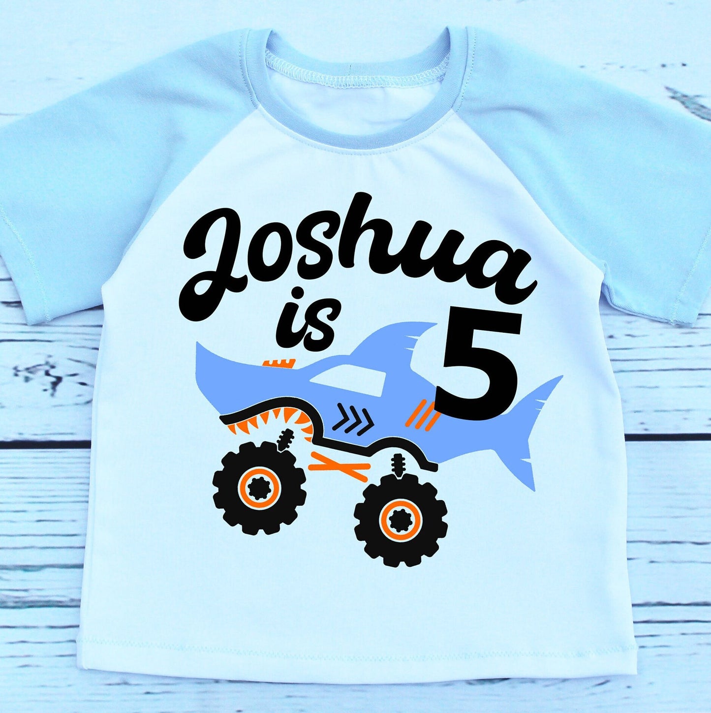 Boys Blue Raglan Monster Truck 5th Birthday T-Shirt