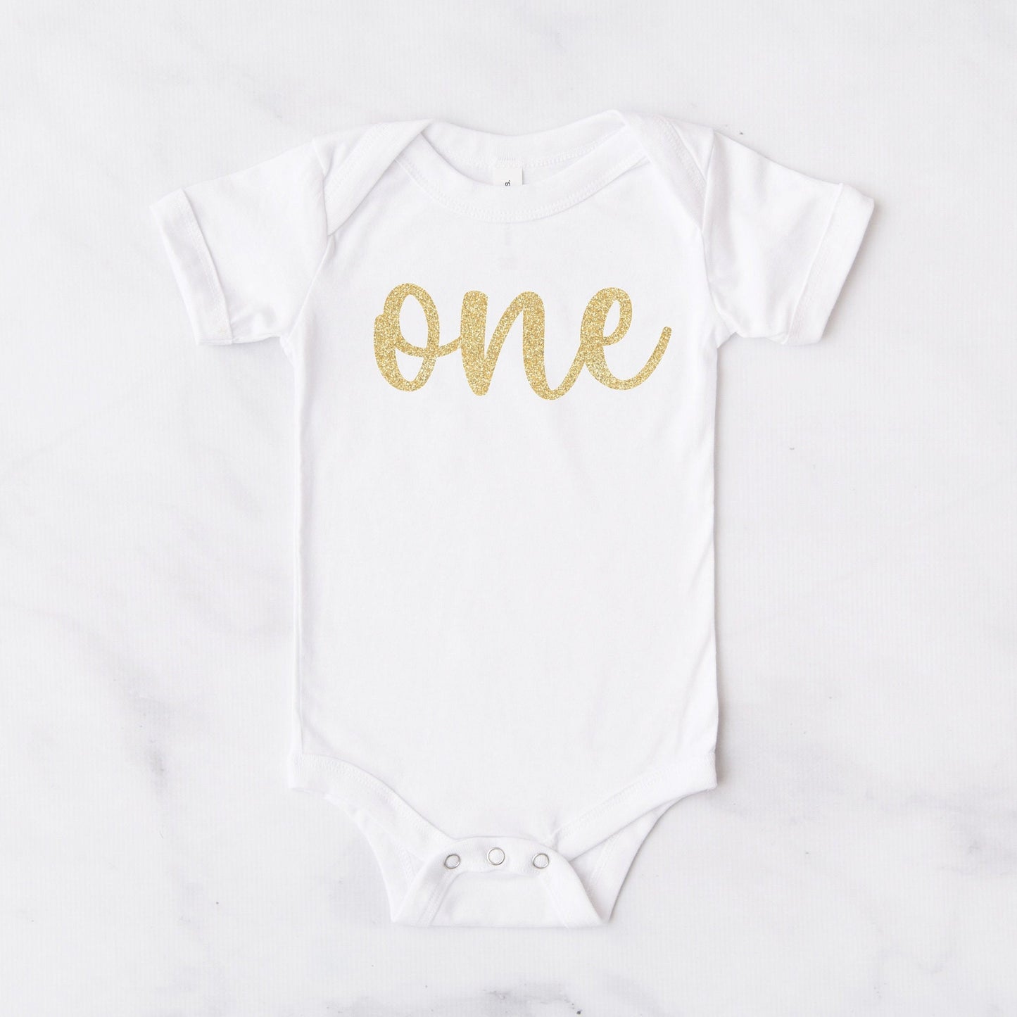 Baby Girls First Birthday Bodysuit, Gold Glitter Print, ONE