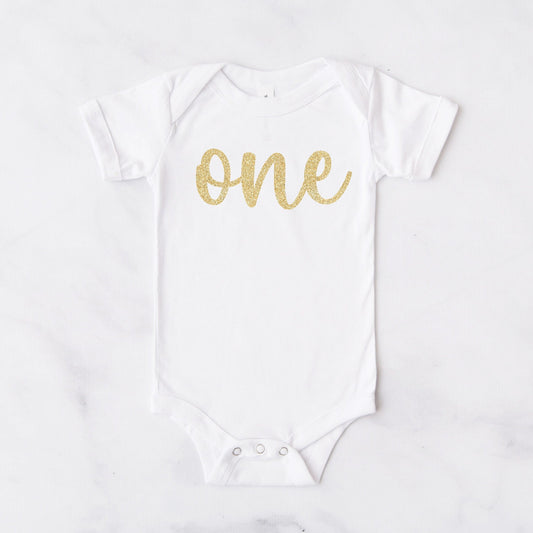 Baby Girls First Birthday Bodysuit, Gold Glitter Print, ONE