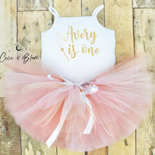 Fairy Wand Girls 1st Birthday Tutu Outfit in Peach, Pink & Gold