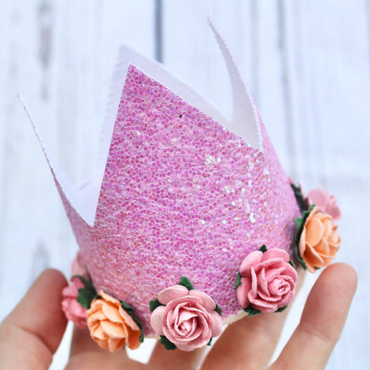 Sparkly Pink Crown with Flowers