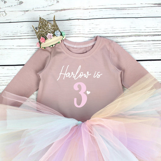 Mauve & Pastel Rainbow Girls 3rd Birthday Tutu Outfit