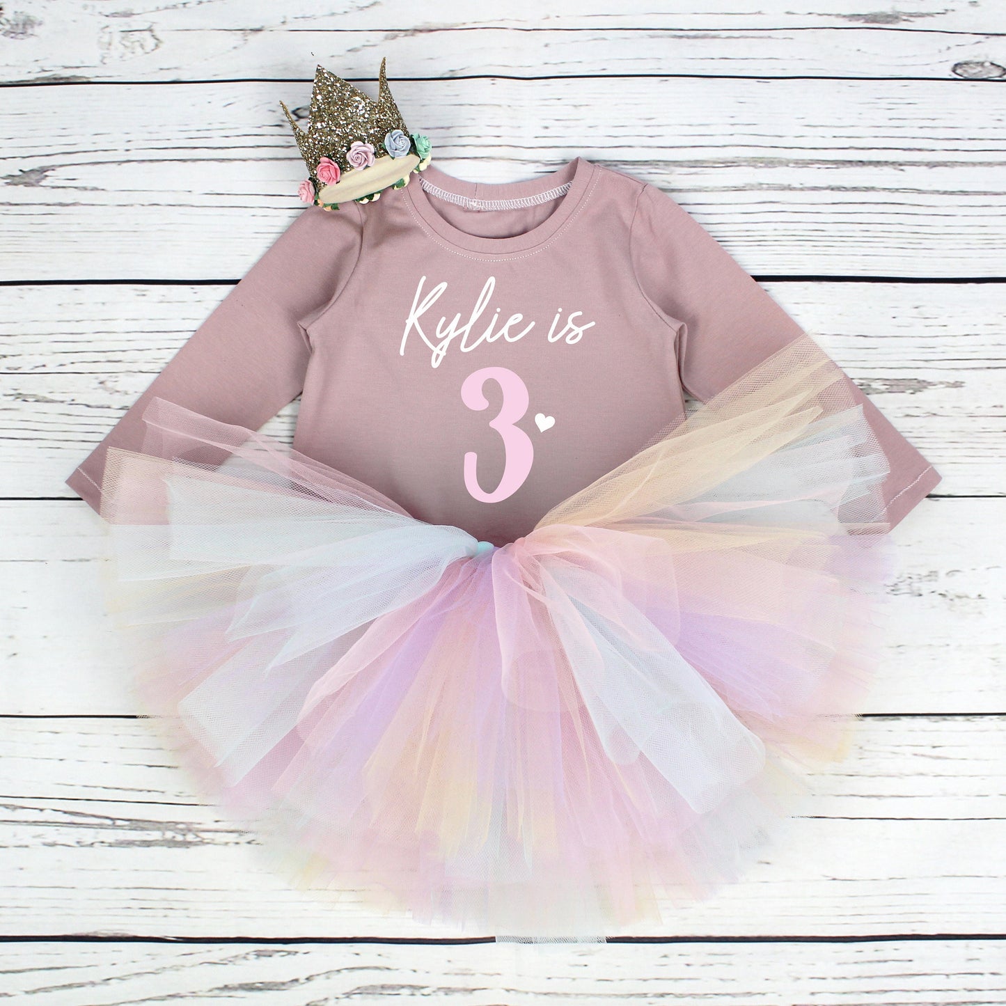 Mauve & Pastel Rainbow Girls 3rd Birthday Tutu Outfit