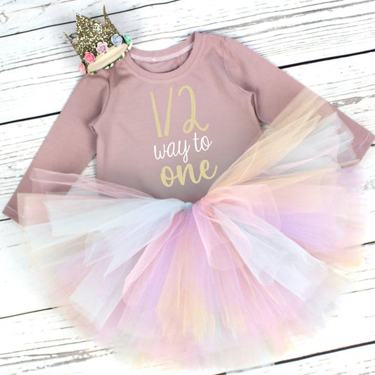 Dusky Pink & Pastel Rainbow 1/2 Way to One Tutu Set