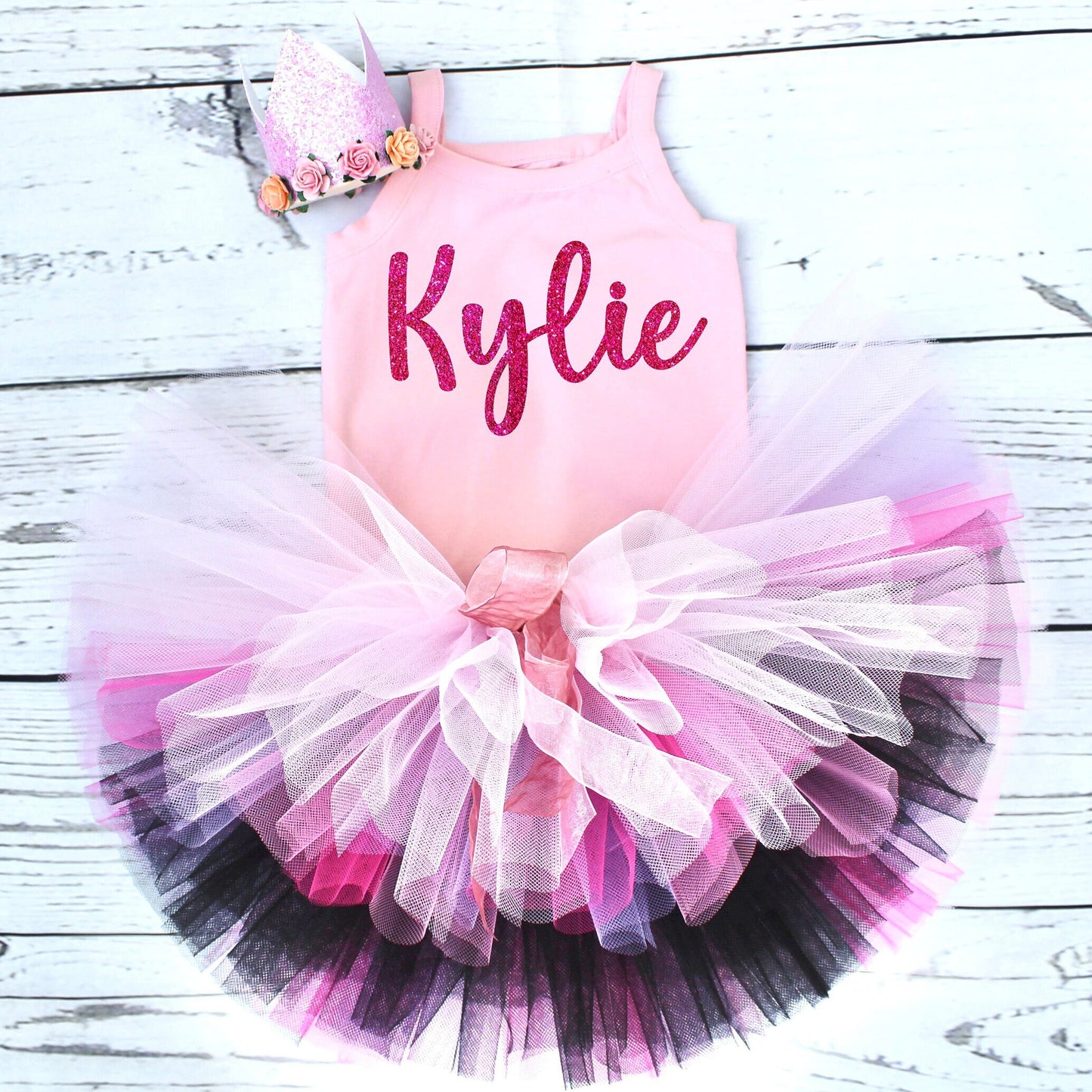 Girls Top, Crown & Tutu Set in Black and Pink
