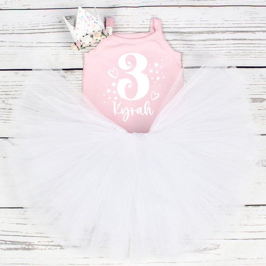 Personalised Girls 3rd Birthday Tutu Outfit in Pink & White