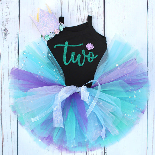 Turquoise and Lilac Mermaid Themed 2nd Birthday Outfit for Girls Party