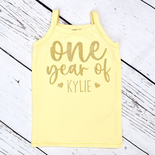 Personalised One Year of Me Birthday Top in Yellow and Gold Glitter