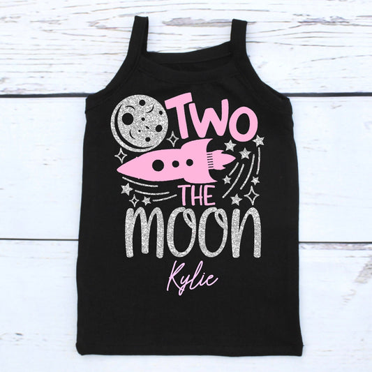 Personalised Two the Moon 2nd Birthday Top for Girls in Black Pink & Silver Glitter