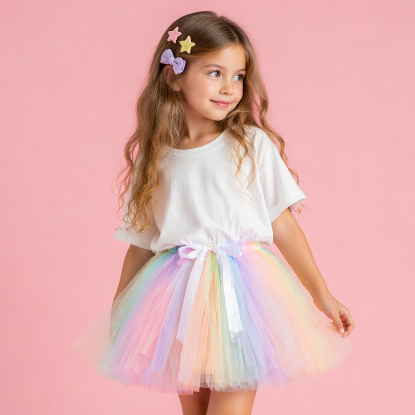 Young girl wearing a white t-shirt and colorful tutu skirt on a pink background