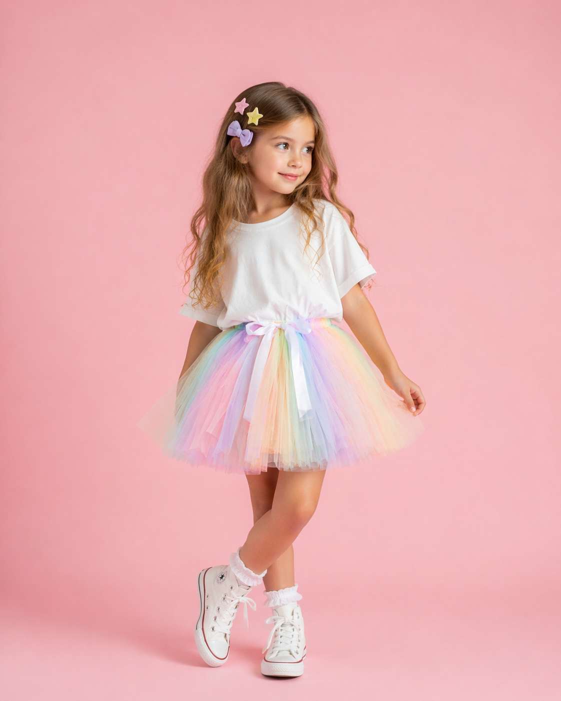 Young girl wearing a white t-shirt and colorful tutu skirt on a pink background